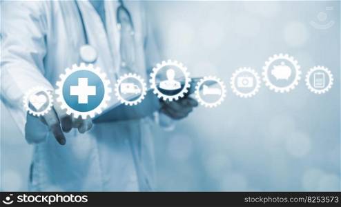 Doctor touching a button Health insurance concept with protection, risk, and security on a virtual screen and medical on background.