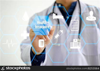Doctor touching icon health care insurance medical on virtual screen concept.