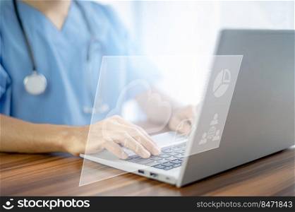 Doctor use computer connection server data base patient for technology treatment in hospital