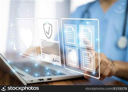 Doctor using computer Document Management System  DMS , online documentation database process automation to efficiently manage files
