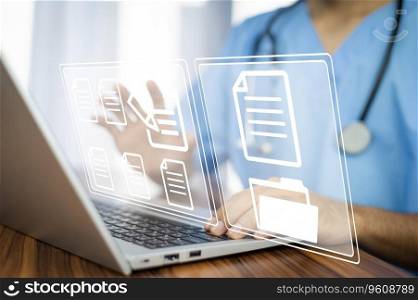 Doctor using computer Document Management System  DMS , online documentation database process automation to efficiently manage files