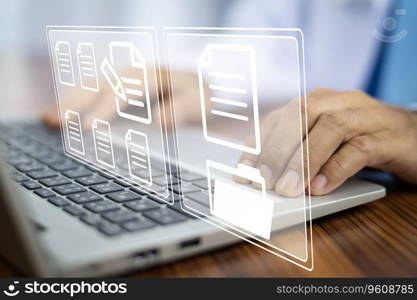 Doctor using computer Document Management System (DMS), online documentation database process automation to efficiently manage files