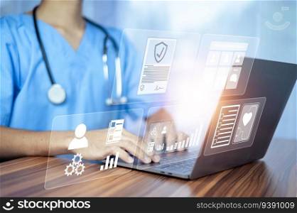 Doctor using computer working in hosπtal, Doctor using computer checking data patient document, Doctor using computer for hea<h care hosπtal background