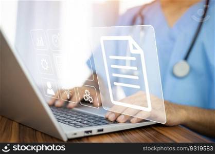 Doctor using computer working in hospital, Doctor using computer checking data patient document, Doctor using computer for health care hospital background
