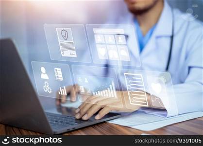 Doctor using computer working in hospital, Doctor using computer checking data patient document, Doctor using computer for health care hospital background