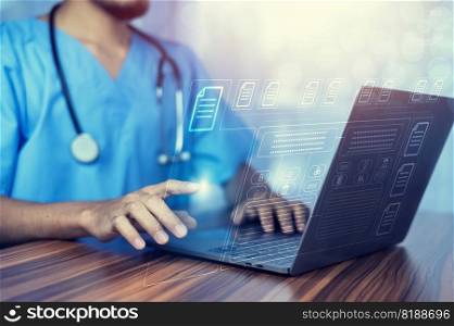 Doctor using software computer Document Management System  DMS , online documentation database process automation to efficiently manage files