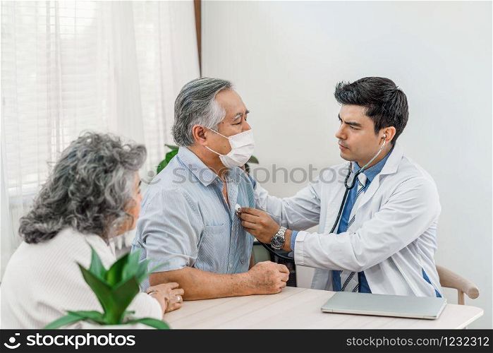 Doctor using stethoscope for auscultate Asian grandparent patient in house, service Life insurance at home, healthcare with Long live and Elderly society, Prevent epidemic concept