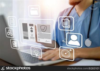 Doctor using technology document management on computer system management for cardiologist Specialist in treating heart disease for treatment in hospital , DMS document management concept