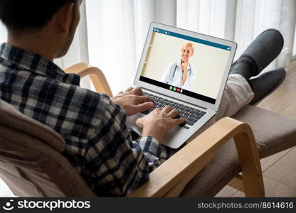 Doctor video call online by modish telemedicine software application for virtual meeting with patient. Doctor video call online by modish telemedicine software application