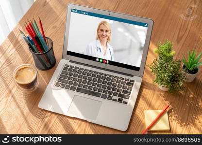 Doctor video call online by modish telemedicine software application for virtual meeting with patient. Doctor video call online by modish telemedicine software application