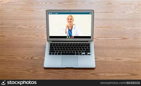Doctor video call online by modish telemedicine software application for virtual meeting with patient. Doctor video call online by modish telemedicine software application