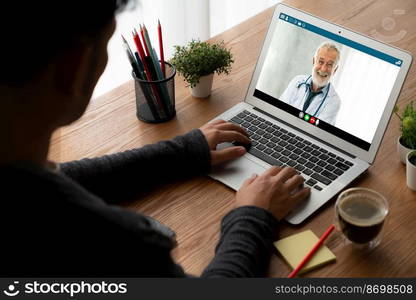 Doctor video call online by modish telemedicine software application for virtual meeting with patient. Doctor video call online by modish telemedicine software application