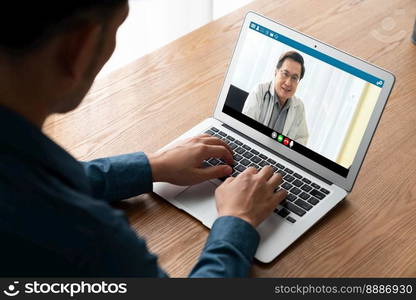 Doctor video call online by modish telemedicine software application for virtual meeting with patient. Doctor video call online by modish telemedicine software application