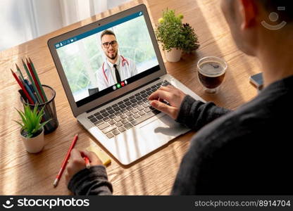 Doctor video call online by modish telemedicine software application for virtual meeting with patient. Doctor video call online by modish telemedicine software application