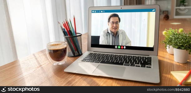 Doctor video call online by modish telemedicine software application for virtual meeting with patient. Doctor video call online by modish telemedicine software application