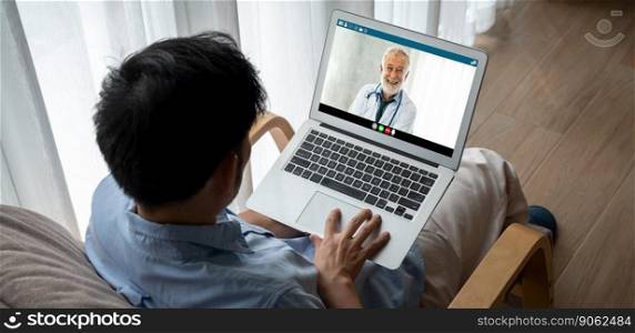 Doctor video call online by modish telemedicine software application for virtual meeting with patient. Doctor video call online by modish telemedicine software application