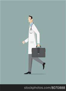 Doctor walking and holding bag.