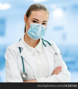 Doctor wear face mask in hospital protect from coronavirus disease or COVID-19. Medical staff are high risk people to receive infection from coronavirus disease or COVID-19.