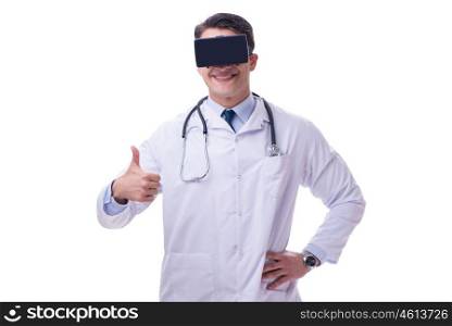Doctor wearing 3d virtual reality glasses on white