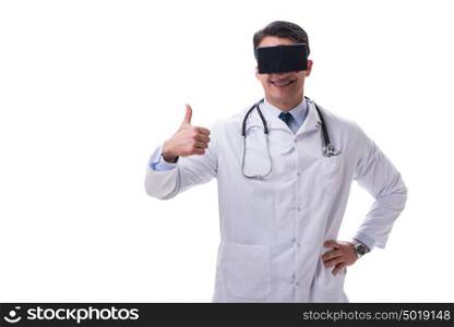 Doctor wearing 3d virtual reality glasses on white