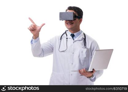 Doctor wearing 3d virtual reality glasses on white. Doctor wearing a vr virtual reality headset isolated on white background