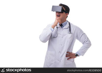 Doctor wearing 3d virtual reality glasses on white