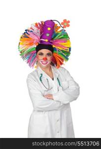 Doctor wearing a clown isolated on white background