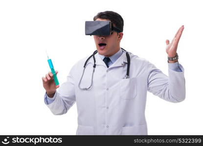 Doctor wearing a vr virtual reality headset isolated on white ba. Doctor wearing a vr virtual reality headset isolated on white background