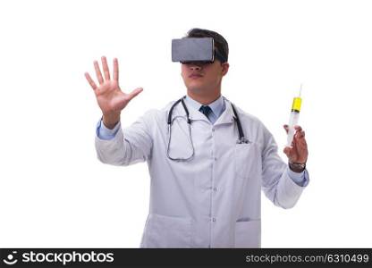 Doctor wearing a vr virtual reality headset isolated on white ba. Doctor wearing a vr virtual reality headset isolated on white background