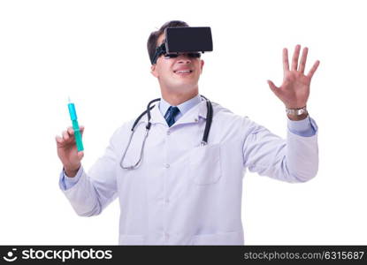 Doctor wearing a vr virtual reality headset isolated on white ba. Doctor wearing a vr virtual reality headset isolated on white background