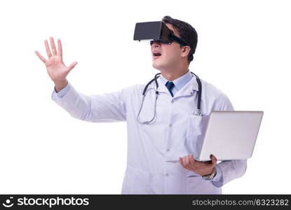 Doctor wearing a vr virtual reality headset isolated on white ba. Doctor wearing a vr virtual reality headset isolated on white background