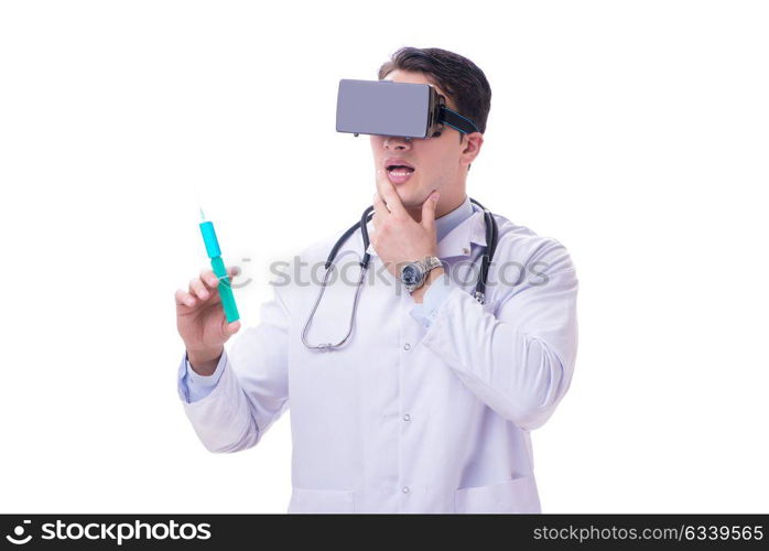 Doctor wearing a vr virtual reality headset isolated on white ba. Doctor wearing a vr virtual reality headset isolated on white background