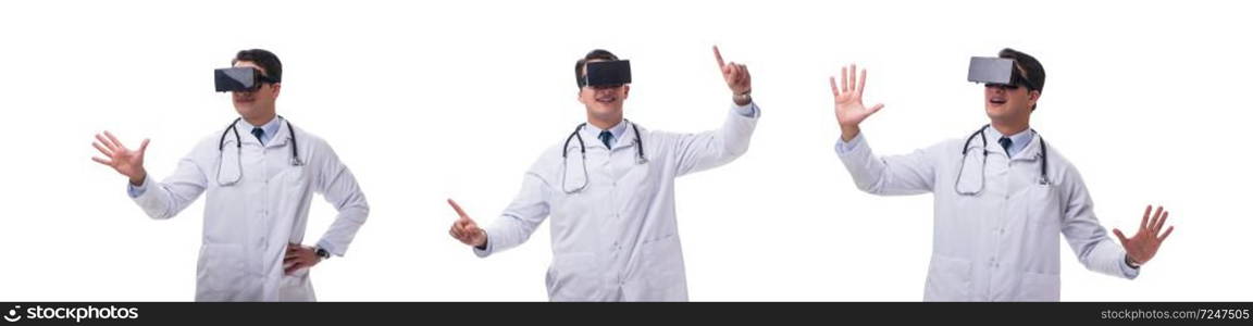 Doctor wearing a vr virtual reality headset isolated on white background. Doctor wearing a vr virtual reality headset isolated on white ba