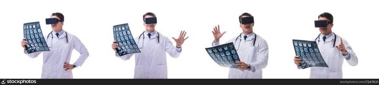 Doctor wearing a vr virtual reality headset isolated on white background. Doctor wearing a vr virtual reality headset isolated on white ba
