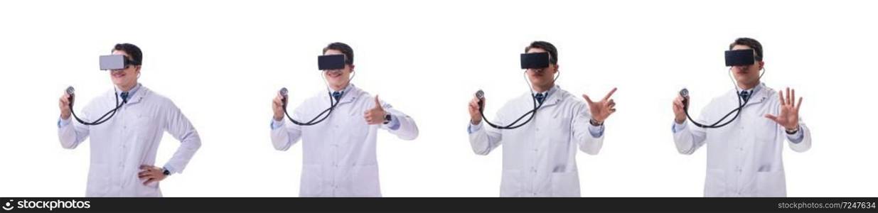 Doctor wearing a vr virtual reality headset isolated on white background. Doctor wearing a vr virtual reality headset isolated on white ba