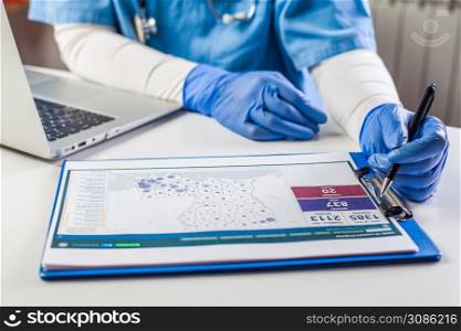 Doctor wearing protective gloves working on laptop computer,analyzing Coronavirus info data,COVID-19 response case info,U.S. state rank cases per capita,percent infected info and population numbers