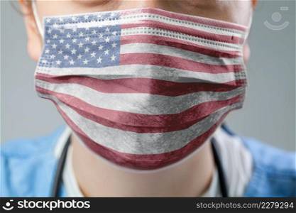 Doctor wearing protective medical textured mask,flag of The United States of America,COVID-19 Coronavirus pandemic crisis,global corona virus disease outbreak,US healthcare system illustration concept