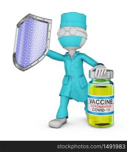 Doctor with a shield next to the coronavirus vaccine. 3d render