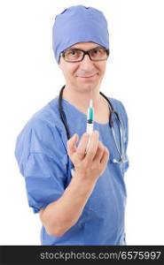 doctor with a syringe isolated over white background