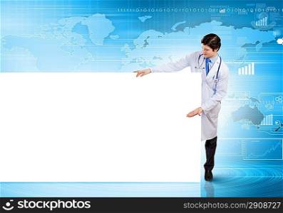Doctor with blank banner