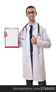 Doctor with blank binder on white