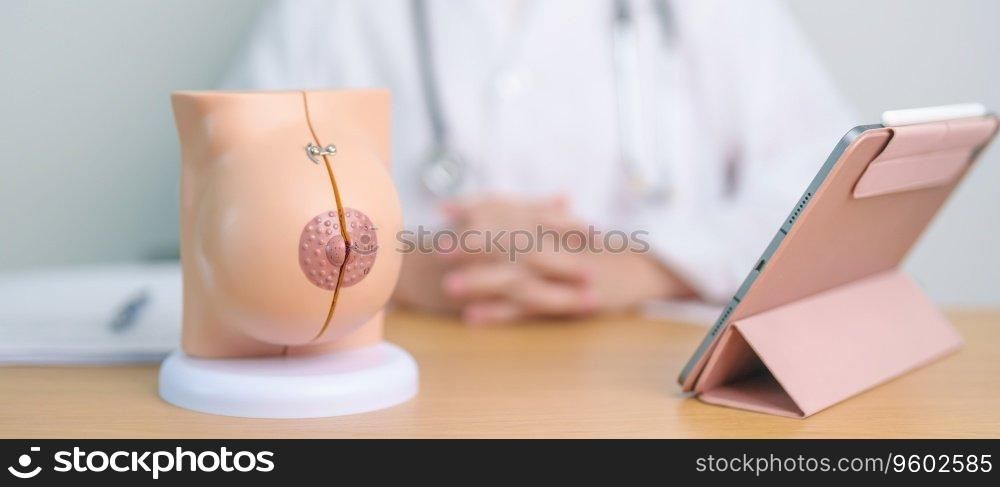 Doctor with Breast Anatomy model. Breast Augmentation Surgery, October Breast Cancer Awareness month, implant, Diagnosis, Beauty woman enlargement and medical education concept