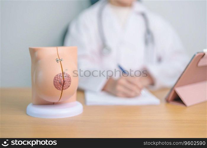 Doctor with Breast Anatomy model. Breast Augmentation Surgery, October Breast Cancer Awareness month, implant, Diagnosis, Beauty woman enlargement and medical education concept