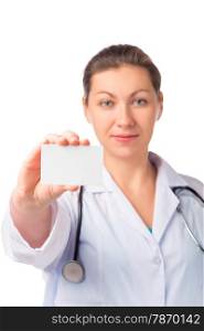 doctor with business card in hand isolated in studio