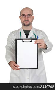 Doctor with clipboard and blank paper isolated on white background