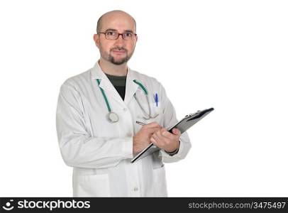 Doctor with clipboard and paperwork isolated on white background