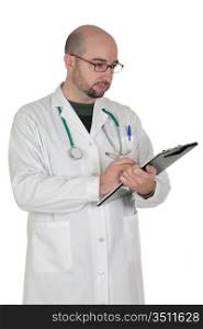 Doctor with clipboard and paperwork isolated on white background