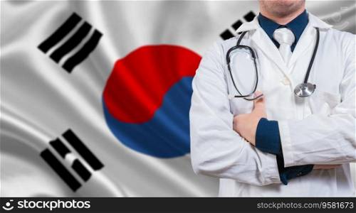 Doctor with crossed arms on South Korean flag. Medical health and care on South Korean flag. Doctor with stethoscope on South Korean flag