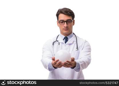 Doctor with crystal ball isolated on white background