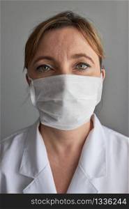 Doctor with face covered with mask. Portrait of young woman wearing the uniform and mask to avoid virus infection and to prevent the spread of disease. Real people, authentic situations